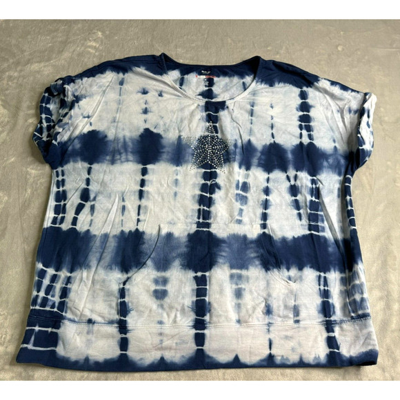Style & Co Sport Top Womens 2X Blue Tie Dye Short Sleeve Rhinestone Star Pockets - Picture 1 of 10